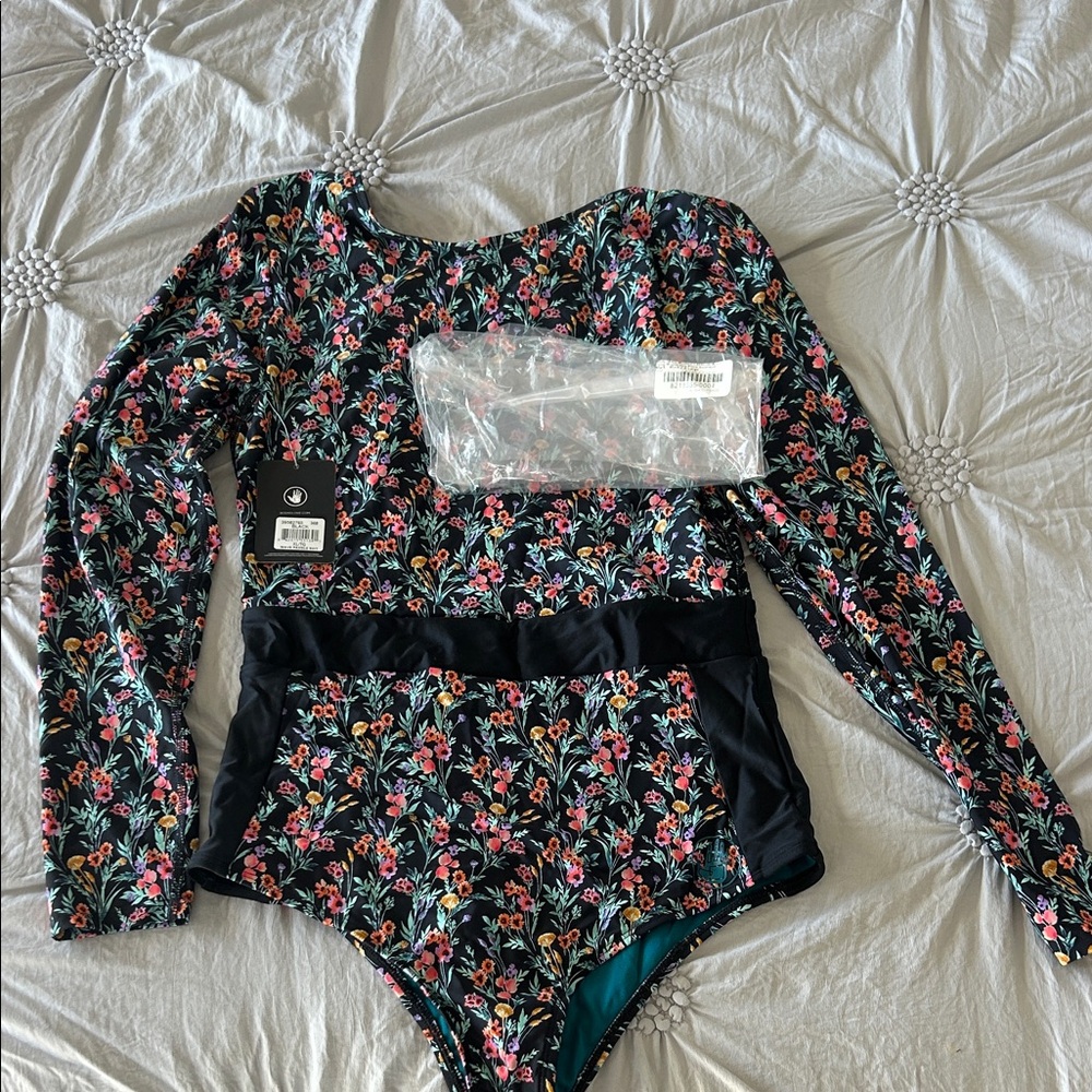 Women’s Floral Long-Sleeve One-Piece Swimsuit - Black with Pink & Teal Flowers